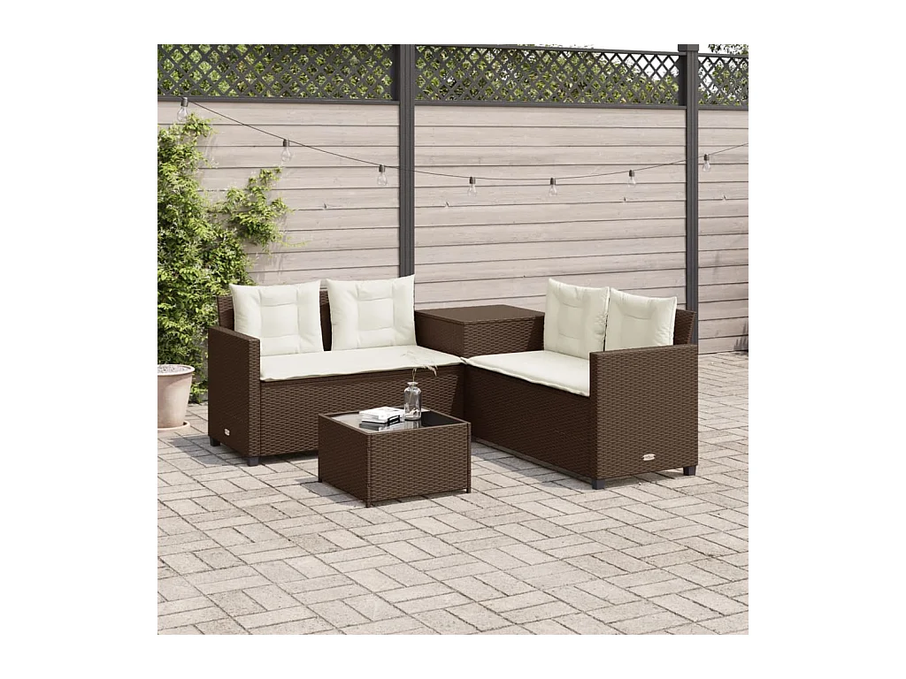 Sofá de jardim forma de L c/ mesa e almofadões vime PE castanho