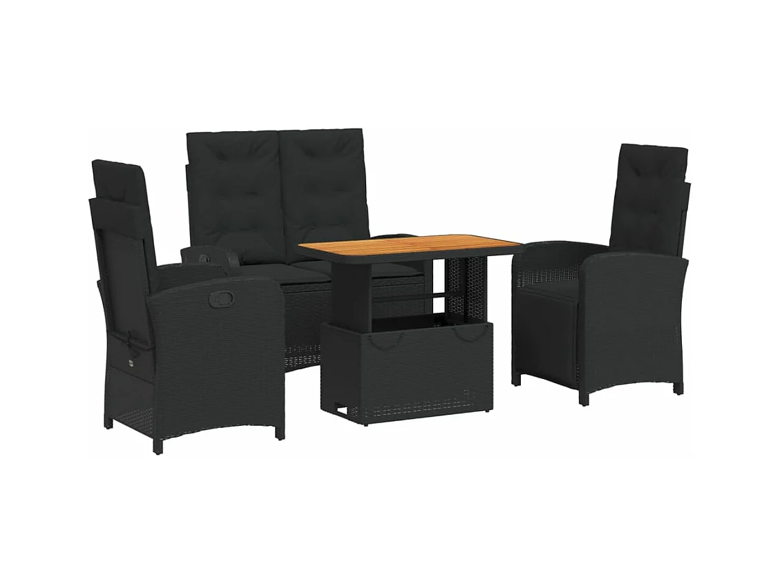 4-delige Tuinset met kussens poly rattan zwart