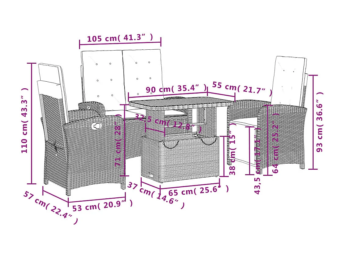 4-delige Tuinset met kussens poly rattan zwart