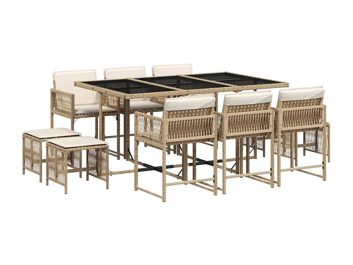 Ensemble à manger de jardin et coussins 11 pcs beige poly rotin