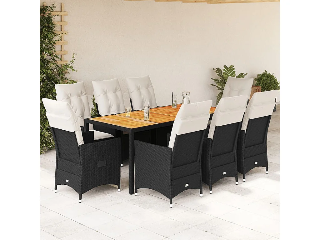 Ensemble à manger de jardin 9pcs coussins noir résine tressée