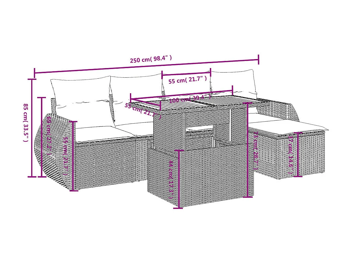 Salon de jardin 6 pcs avec coussins gris résine tressée