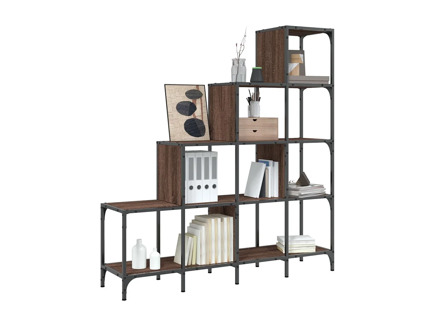 Bibliothèque chêne marron 122x30x132cm bois ingénierie et métal