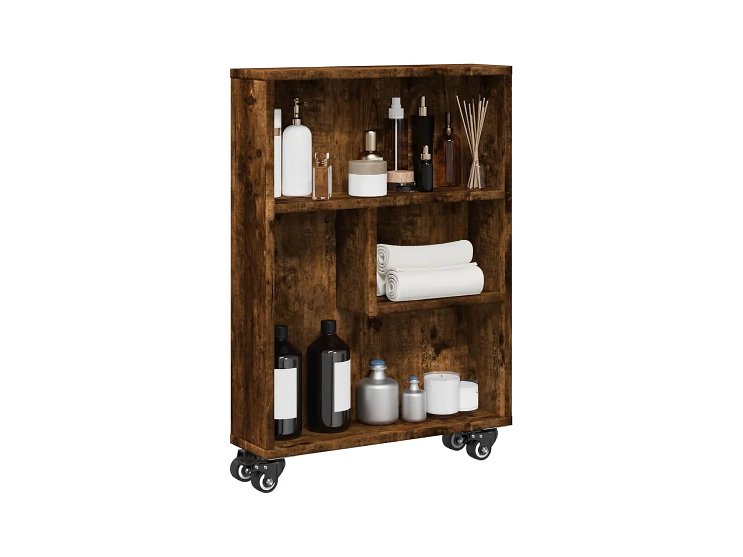 Opbergtrolley smal 48x13x68 cm bewerkt hout gerookt eikenkleur