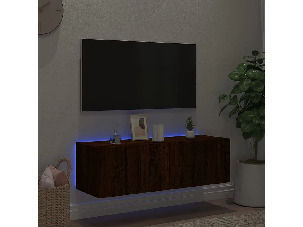 Meuble TV mural avec lumières LED chêne marron 100x35x31 cm