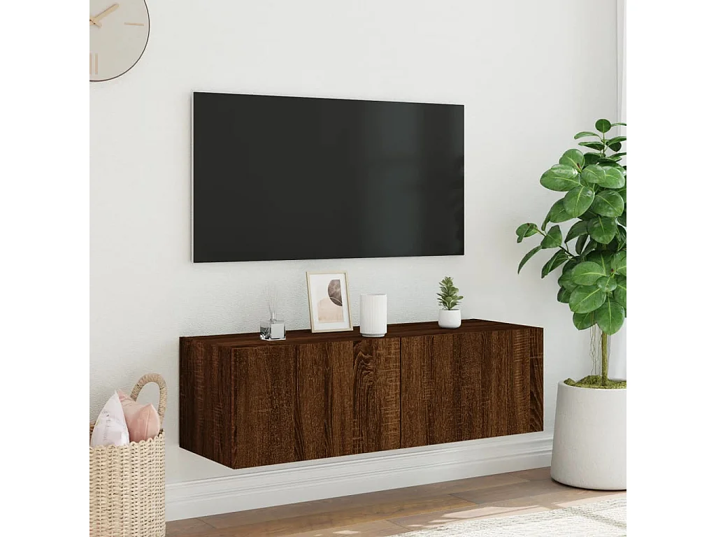 Meuble TV mural avec lumières LED chêne marron 100x35x31 cm