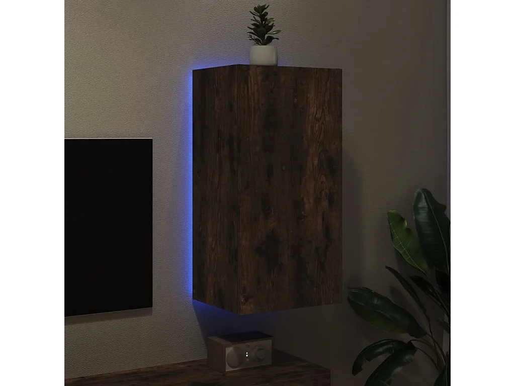 Meuble TV mural avec lumières LED chêne fumé 40,5x35x80 cm