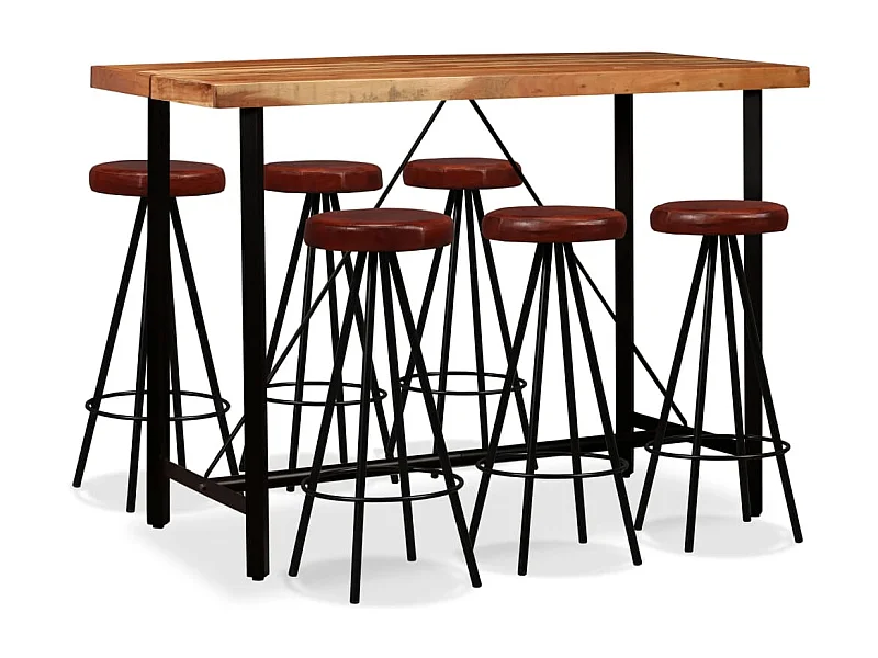 Conjunto de bar com 7 peças em madeira de acácia maciça e couro genuíno