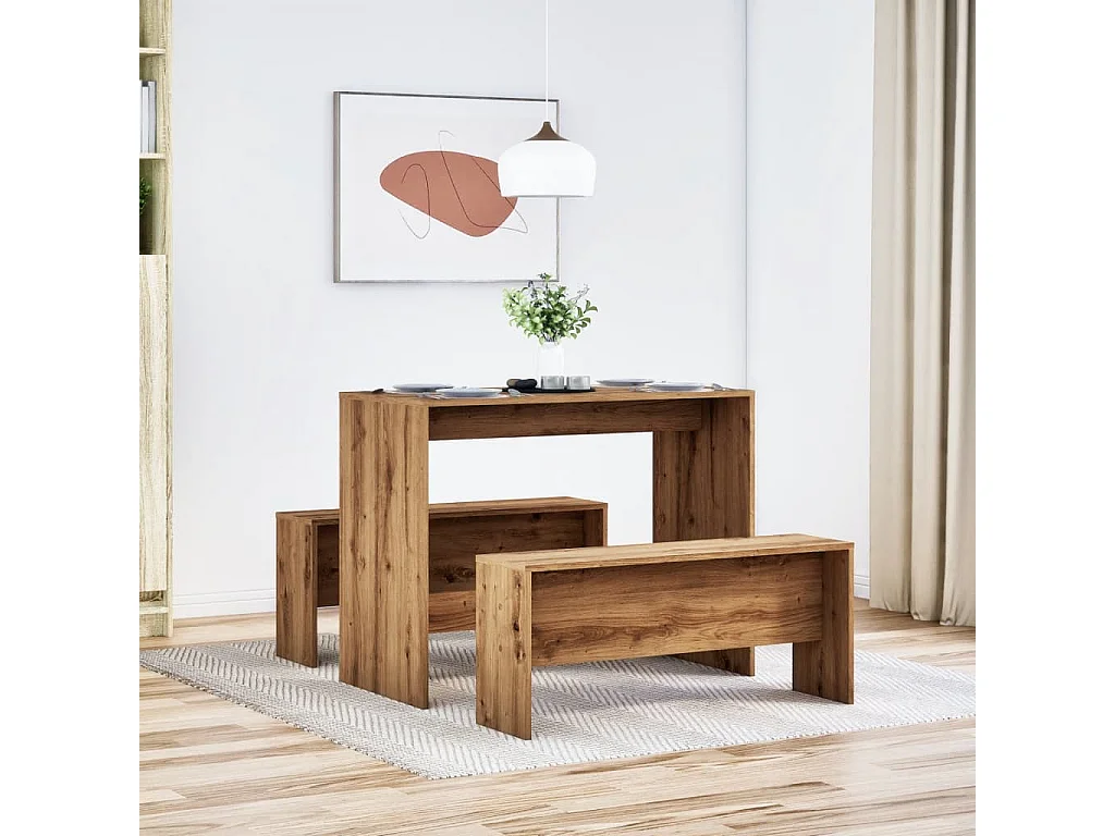 Ensemble table à manger et bancs 3 pcs bois d'ingénierie