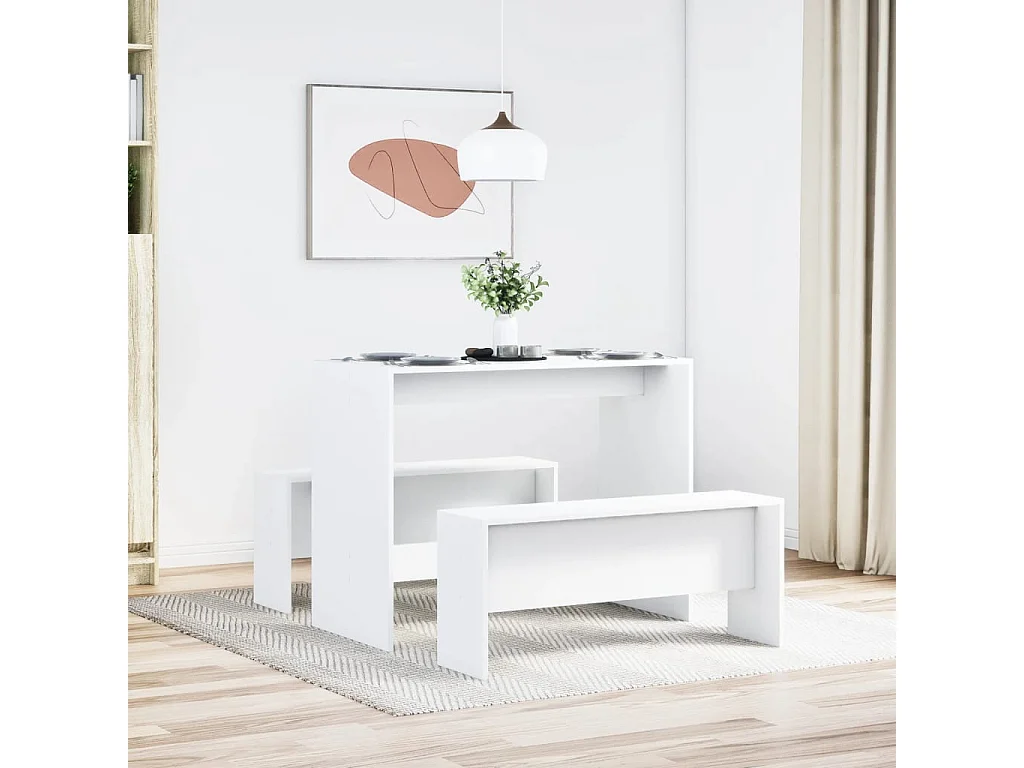 Set tavolo da pranzo e panca 3 pezzi in derivati del legno bianco