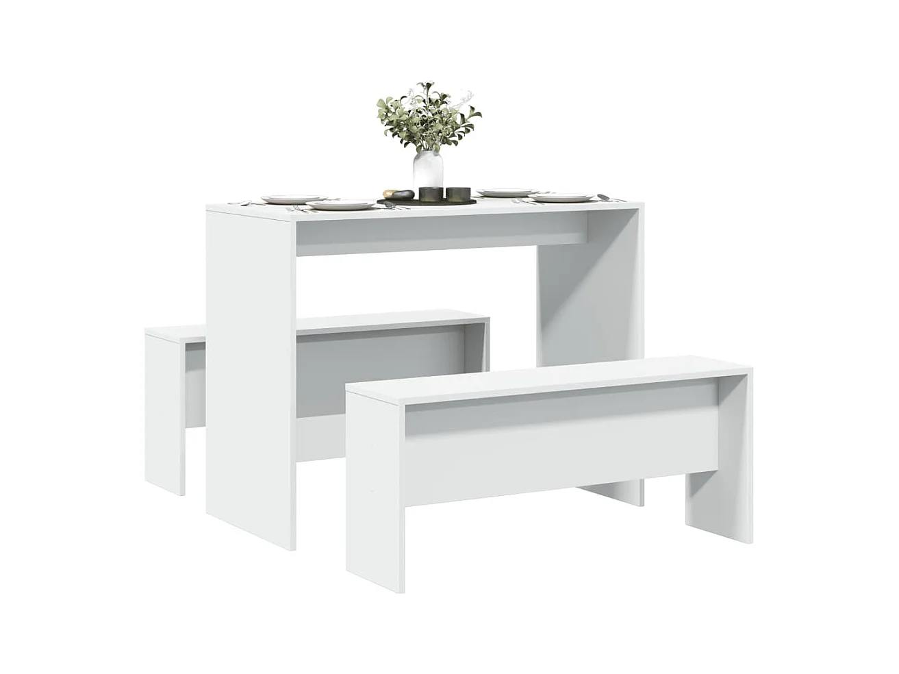 Ensemble table à manger et bancs 3pcs blanc bois d'ingénierie