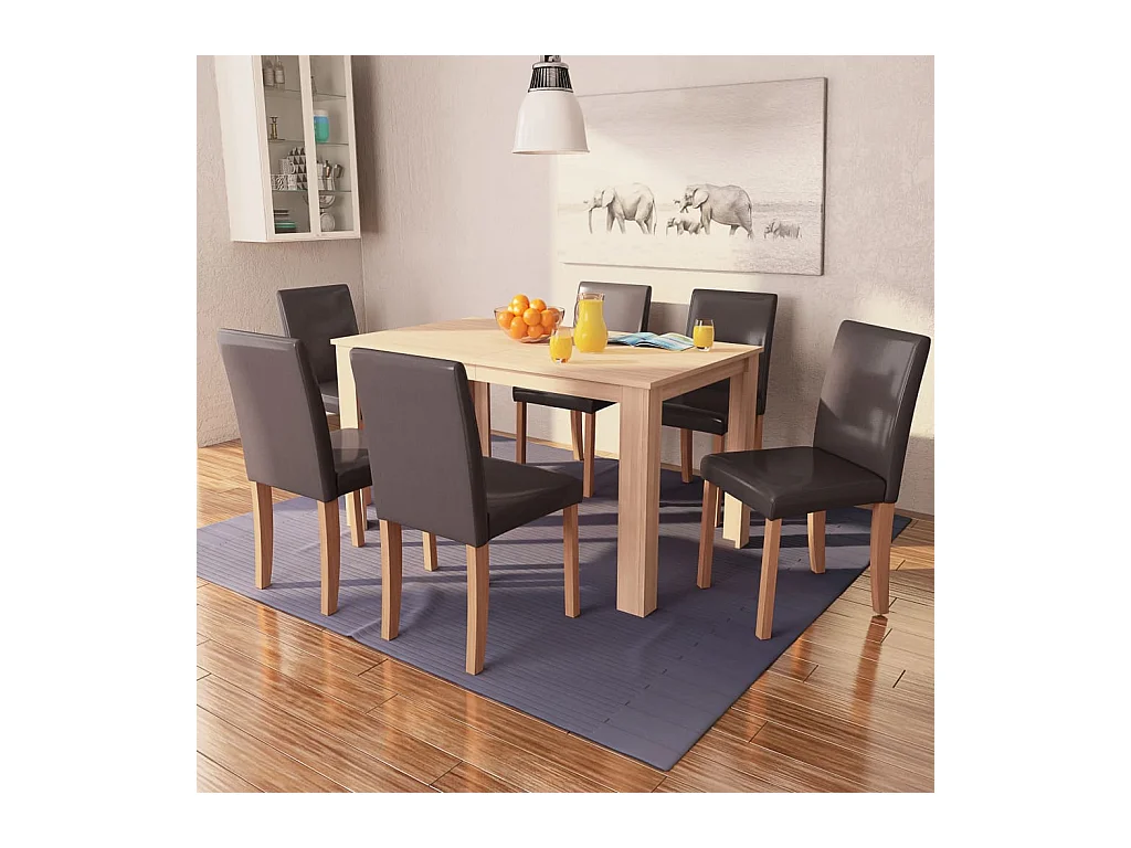 Table et chaises 7 pcs Cuir synthétique Chêne Marron