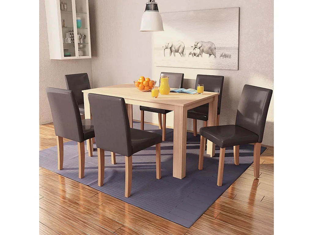 Tafel en stoelen 7 stuks Kunstleer Eiken Bruin