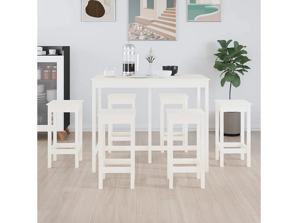 Set da bar 7 pezzi. Legno di pino massiccio bianco