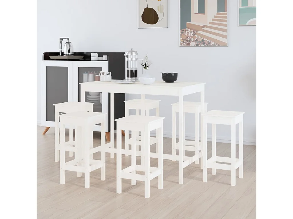 Set da bar 7 pezzi. Legno di pino massiccio bianco