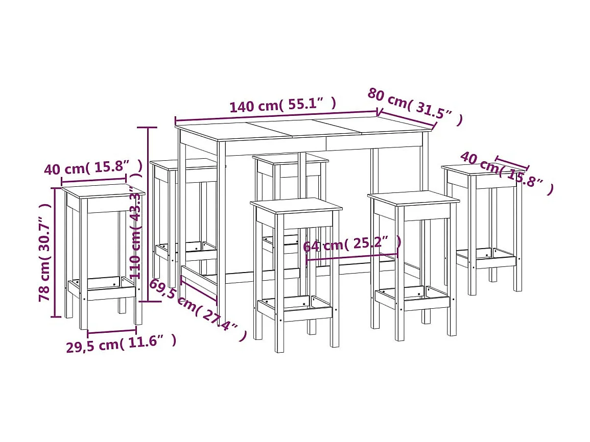 Set da bar 7 pezzi. Legno di pino massiccio bianco