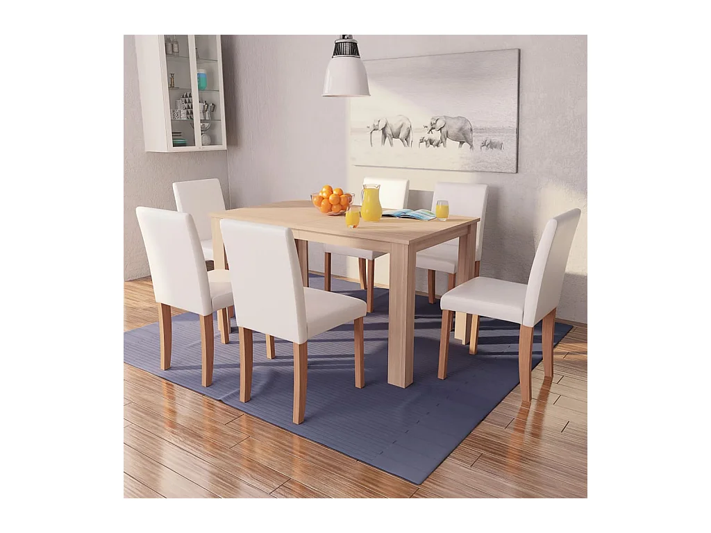 Table et chaises 7 pcs Cuir synthétique Chêne Couleur crème