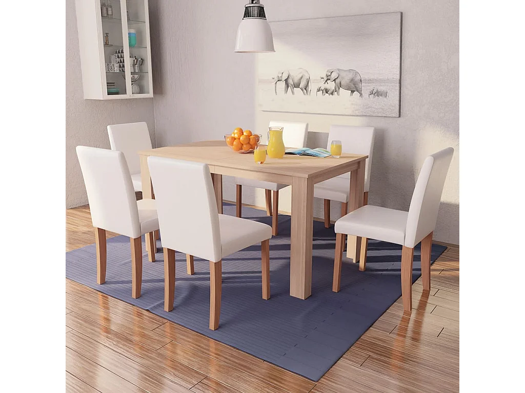 Tavolo e sedie 7 pz. Pelle sintetica Rovere Colore crema