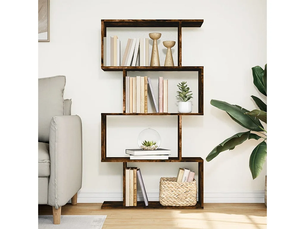 Étagère séparatrice de pièce à 4 niveaux chêne fumé 70x24x129cm