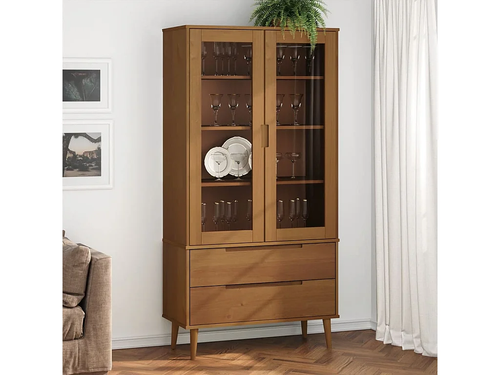 Vitrinenschrank MOLDE Braun 90x35x175 cm Massivholz Kiefer