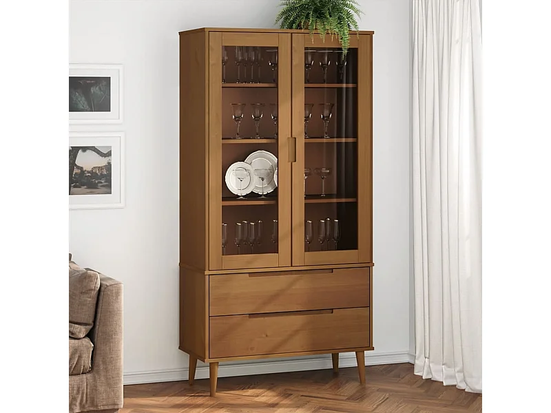 Vitrinenschrank MOLDE Braun 90x35x175 cm Massivholz Kiefer