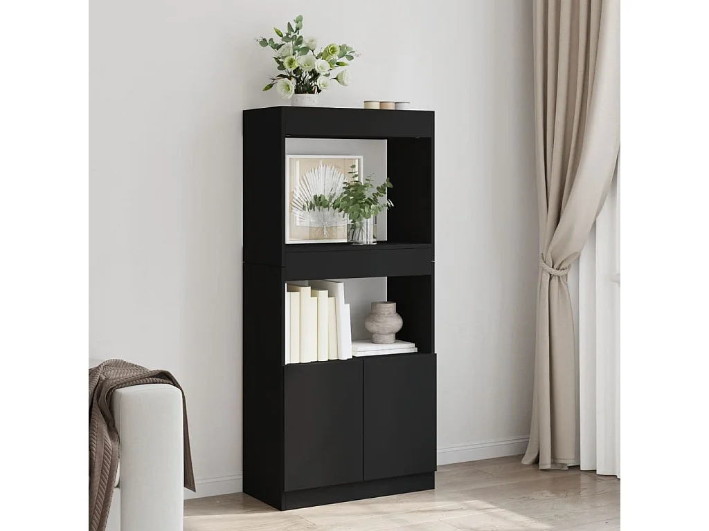 Buffet haut noir 63x33x140 cm bois d'ingénierie