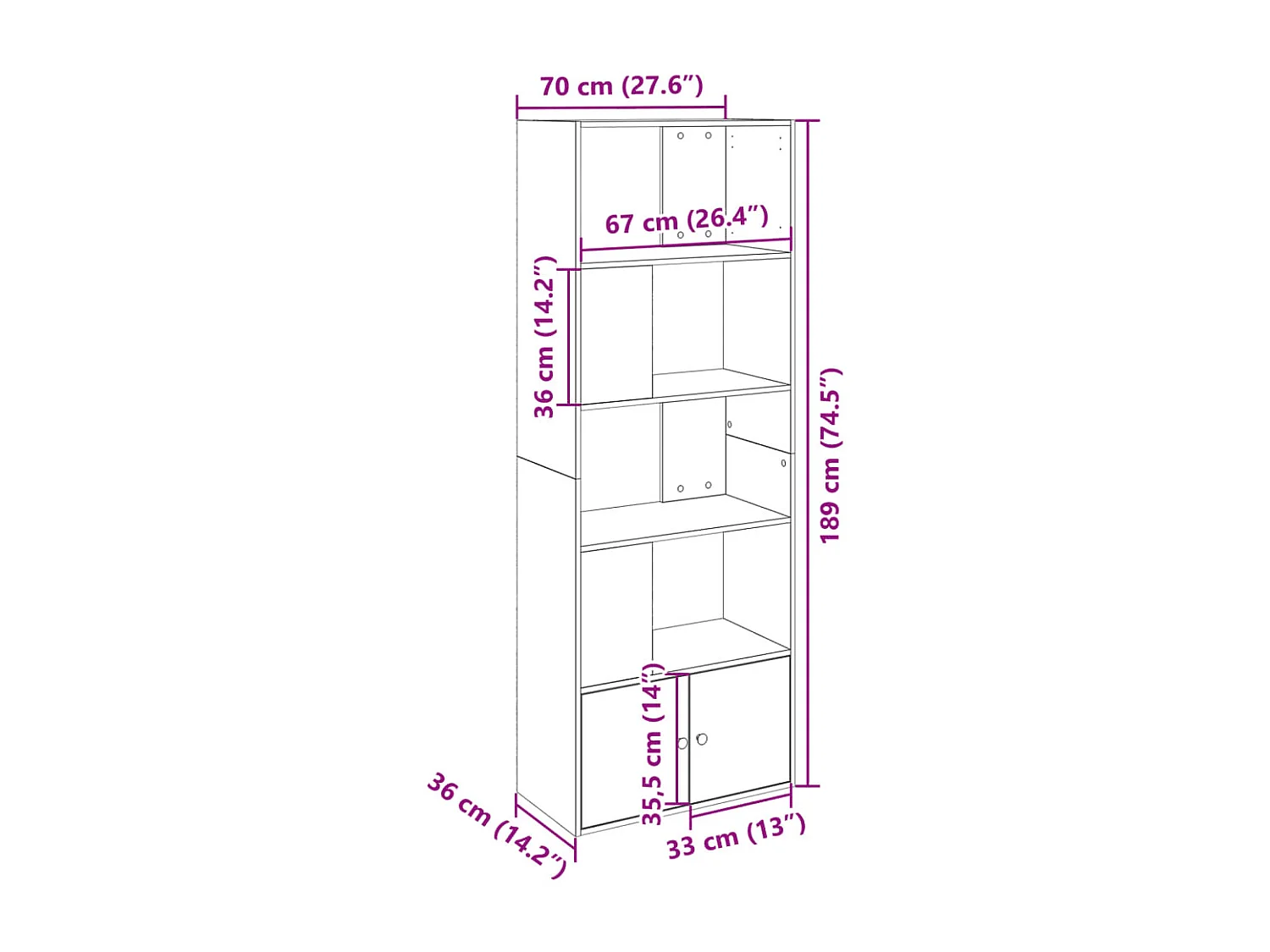Libreria Grigio Cemento 70x36x189 cm in Legno Multistrato