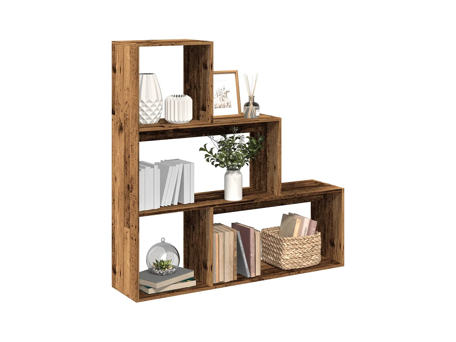 Étagère séparatrice de pièce 3 niveaux vieux bois 123x29x123 cm