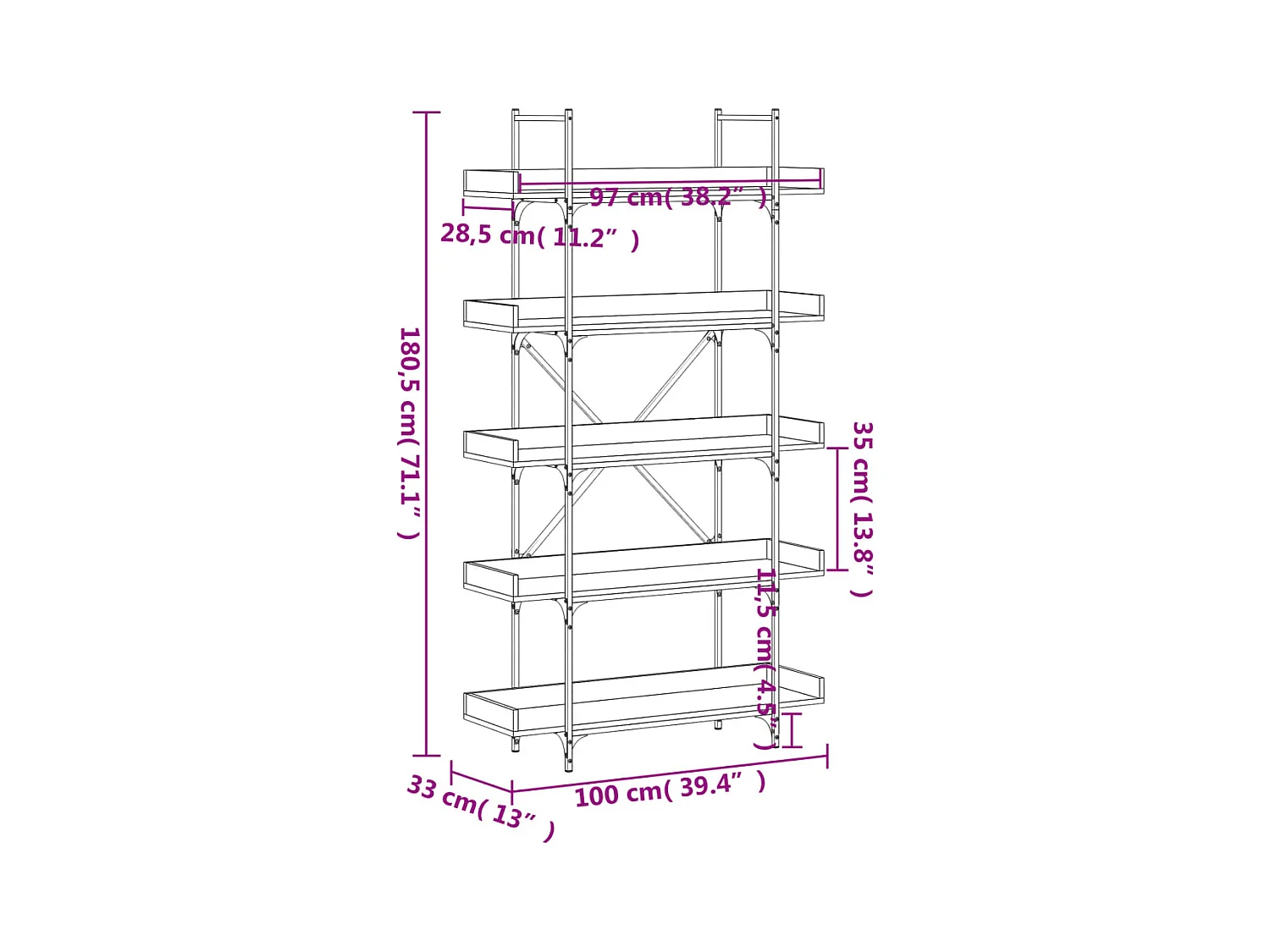 Boekenkast 4-laags 100x33x145,5 cm bewerkt hout zwart