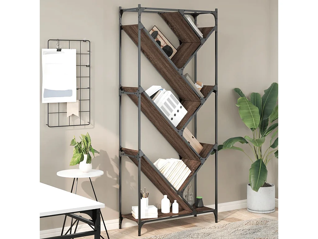 Bibliothèque chêne marron 79x30x180 cm bois ingénierie et métal