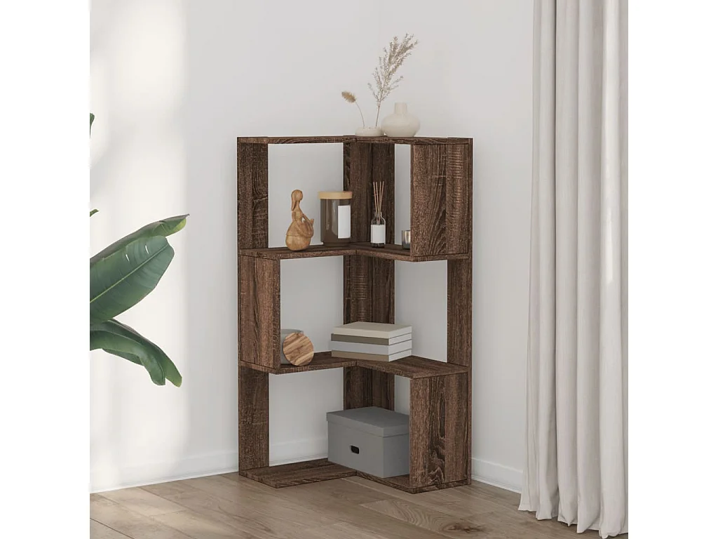 Bibliothèque d'angle à 3 niveaux chêne marron bois d'ingénierie