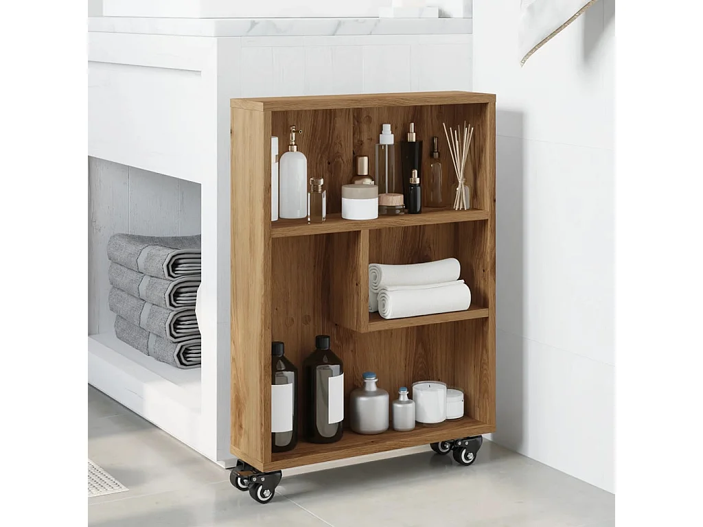 Chariot de rangement étroit chêne artisanal bois d'ingénierie