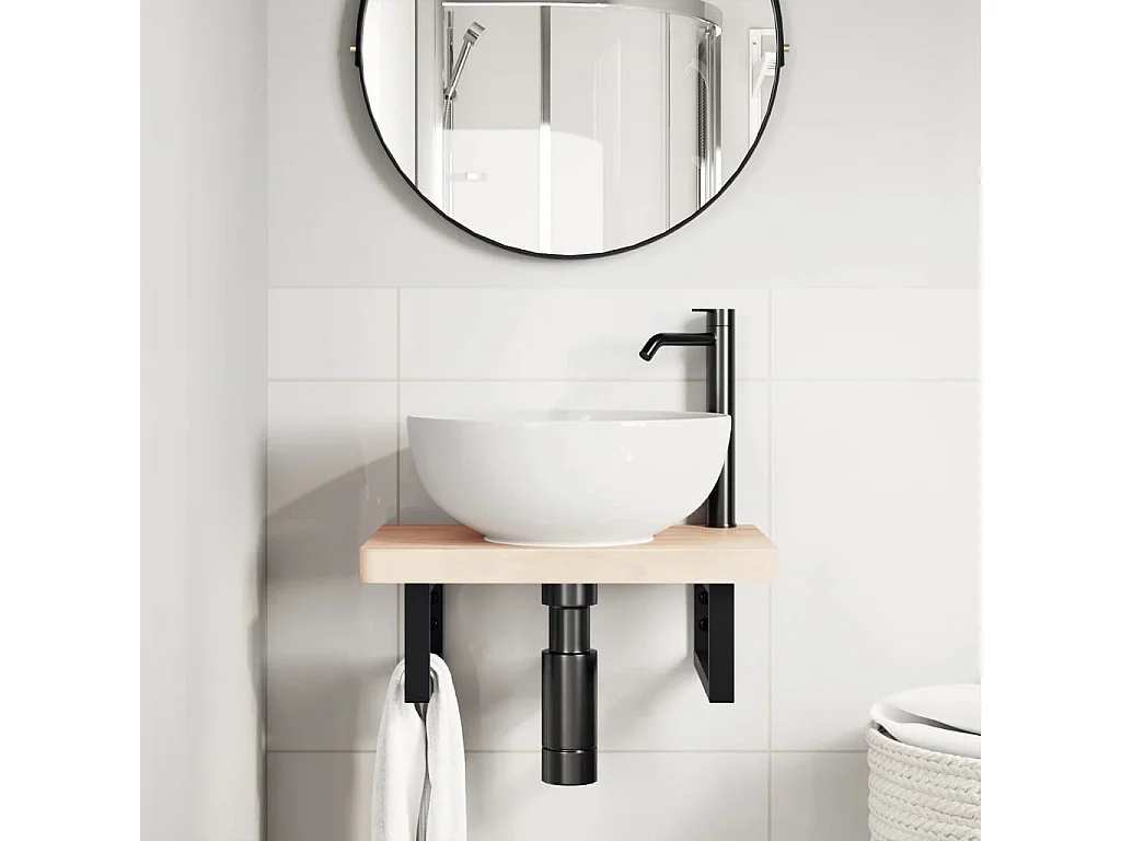 Ripiano a Parete per Lavabo in Acciaio e Massello di Faggio