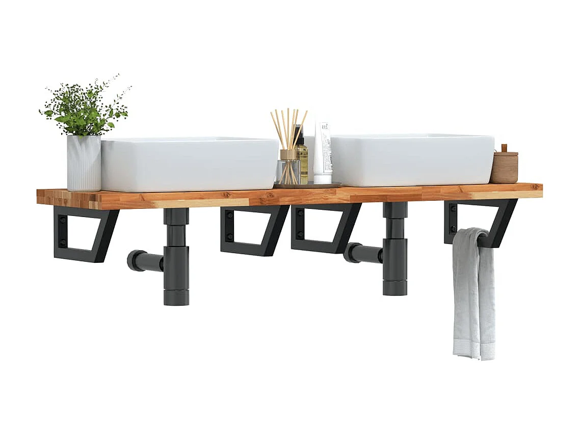 Ripiano a Parete per Lavabo in Acciaio e Massello di Acacia