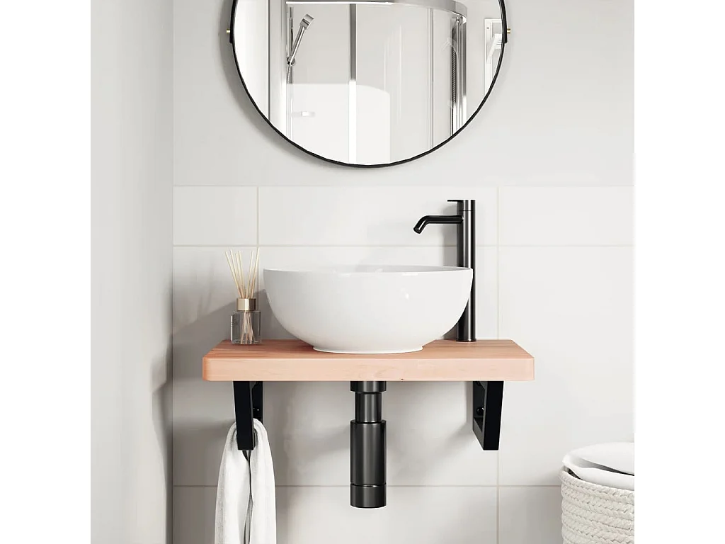 Ripiano a Parete per Lavabo in Acciaio e Massello di Faggio