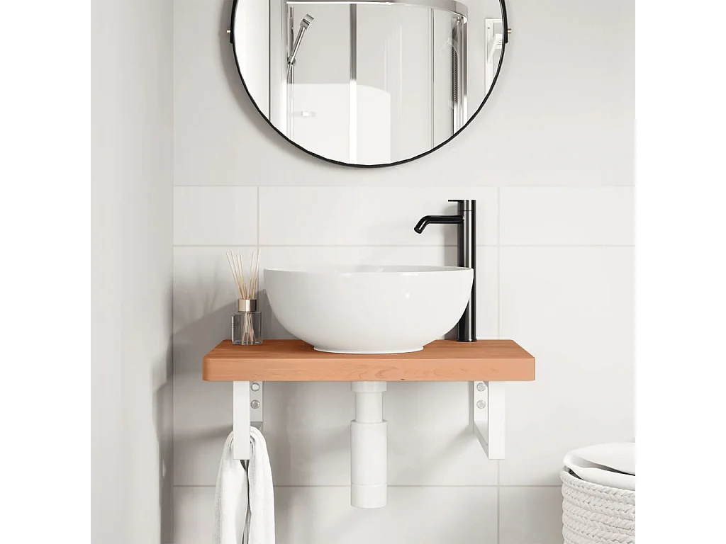 Étagère de vasque murale acier et bois massif de hêtre