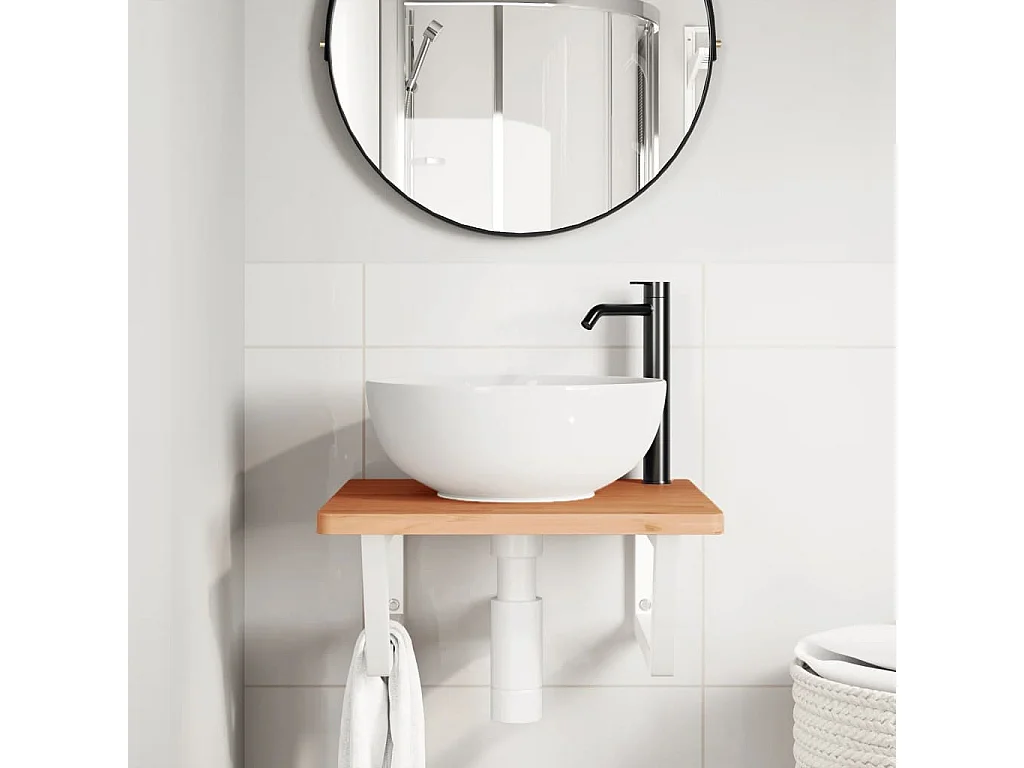 Ripiano a Parete per Lavabo in Acciaio e Massello di Faggio