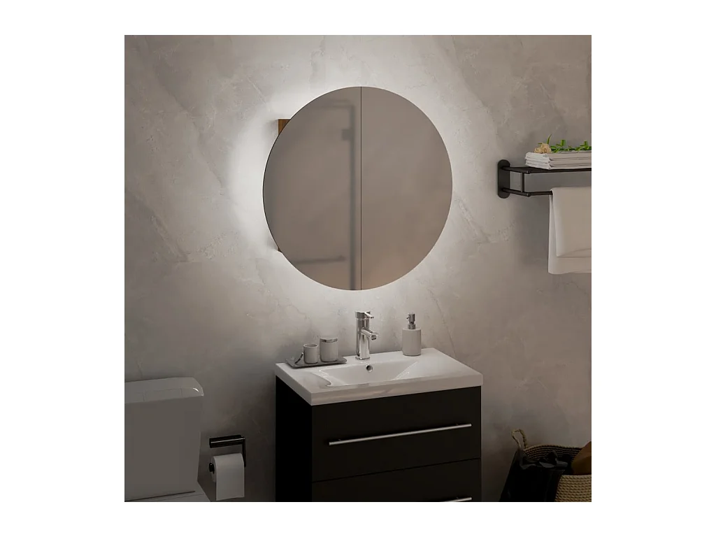 Armario de baño con espejo redondo y LED roble 40x40x17,5 cm