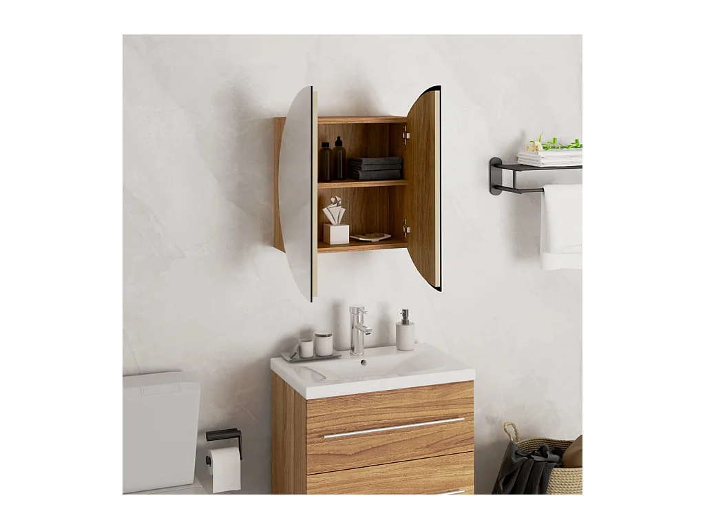 Armario de baño con espejo redondo y LED roble 40x40x17,5 cm