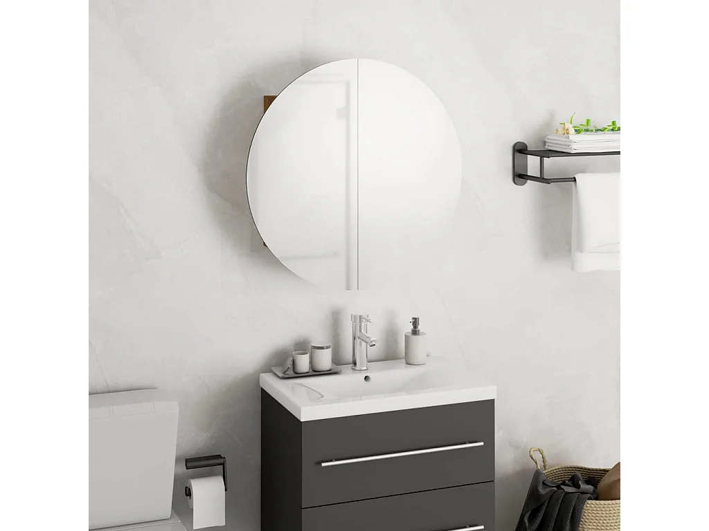 Armadio da Bagno con Specchio Rotondo e LED Rovere 40x40x17,5cm