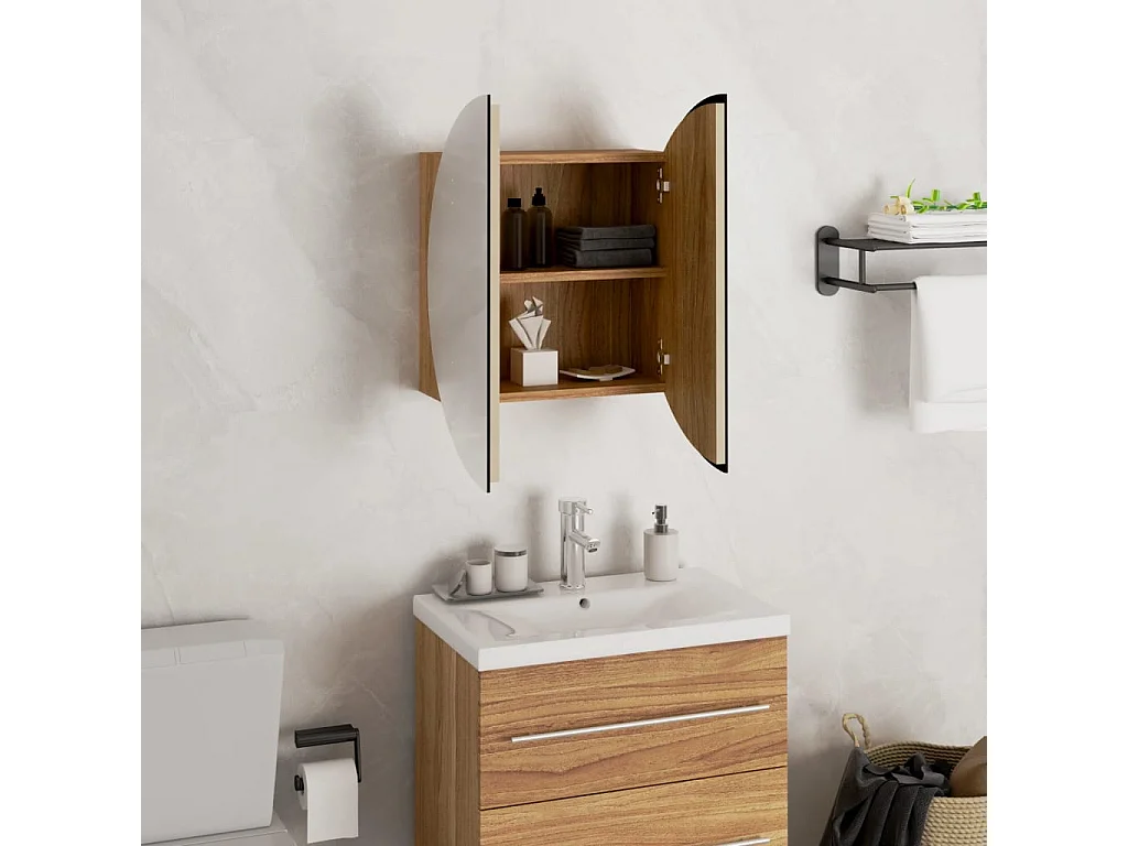 Armadio da Bagno con Specchio Rotondo e LED Rovere 40x40x17,5cm