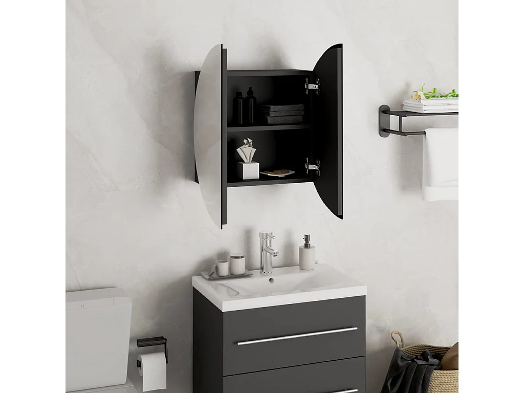 Badkamerkast met ronde spiegel en LED 40x40x17,5 cm zwart