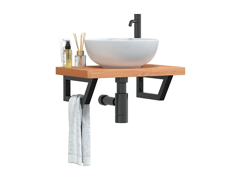 Ripiano a Parete per Lavabo in Acciaio e Massello di Faggio