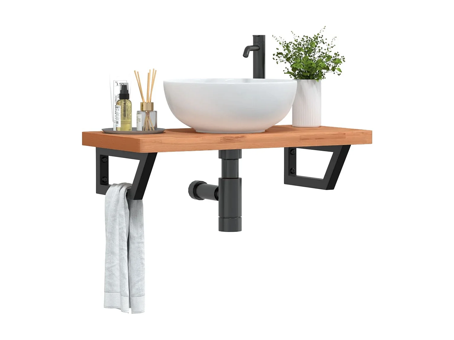 Estante de lavabo de pared de acero y madera maciza de haya