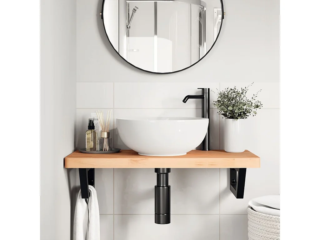 Estante de lavabo de pared de acero y madera maciza de haya