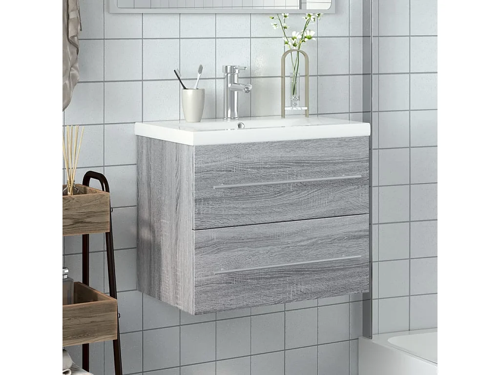 Armoire lavabo de salle de bain avec bassin intégré sonoma gris