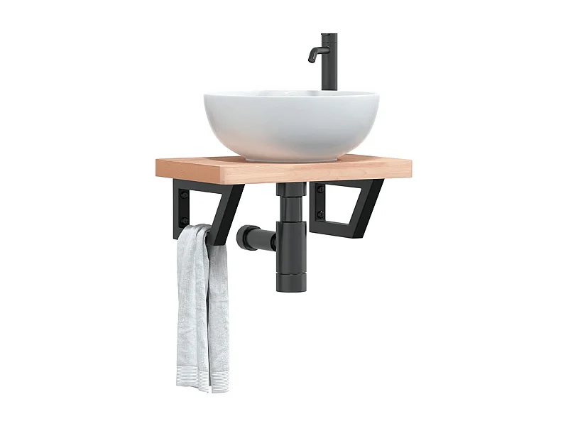 Ripiano a Parete per Lavabo in Acciaio e Massello di Faggio