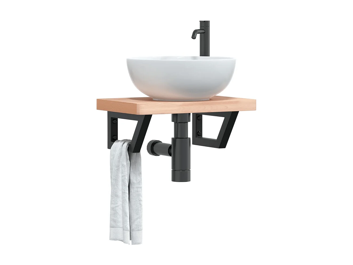 Ripiano a Parete per Lavabo in Acciaio e Massello di Faggio