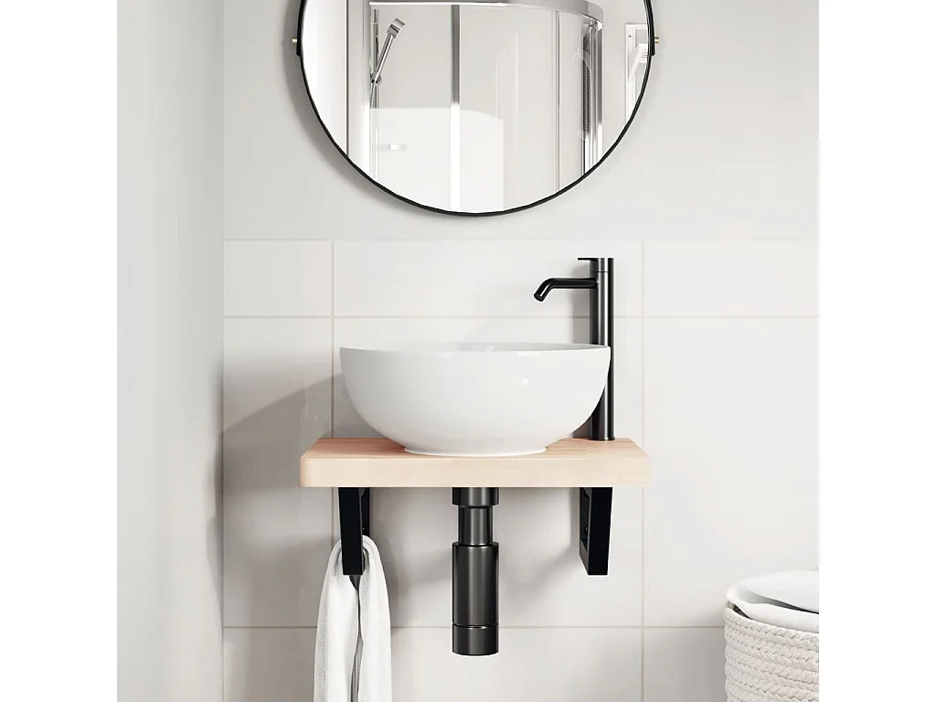 Ripiano a Parete per Lavabo in Acciaio e Massello di Faggio