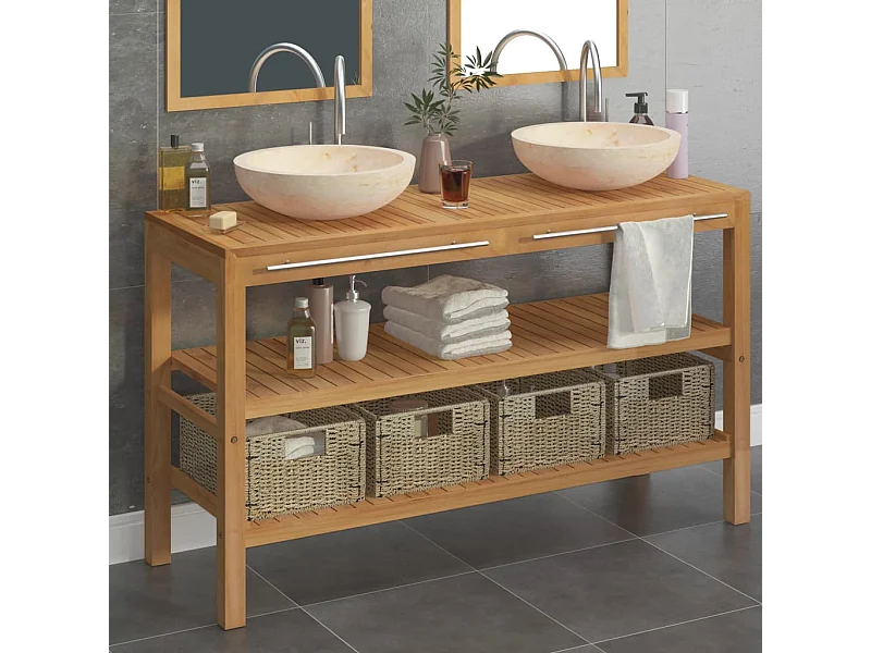 Waschtisch Massivholz Teak mit Waschbecken Marmor Creme